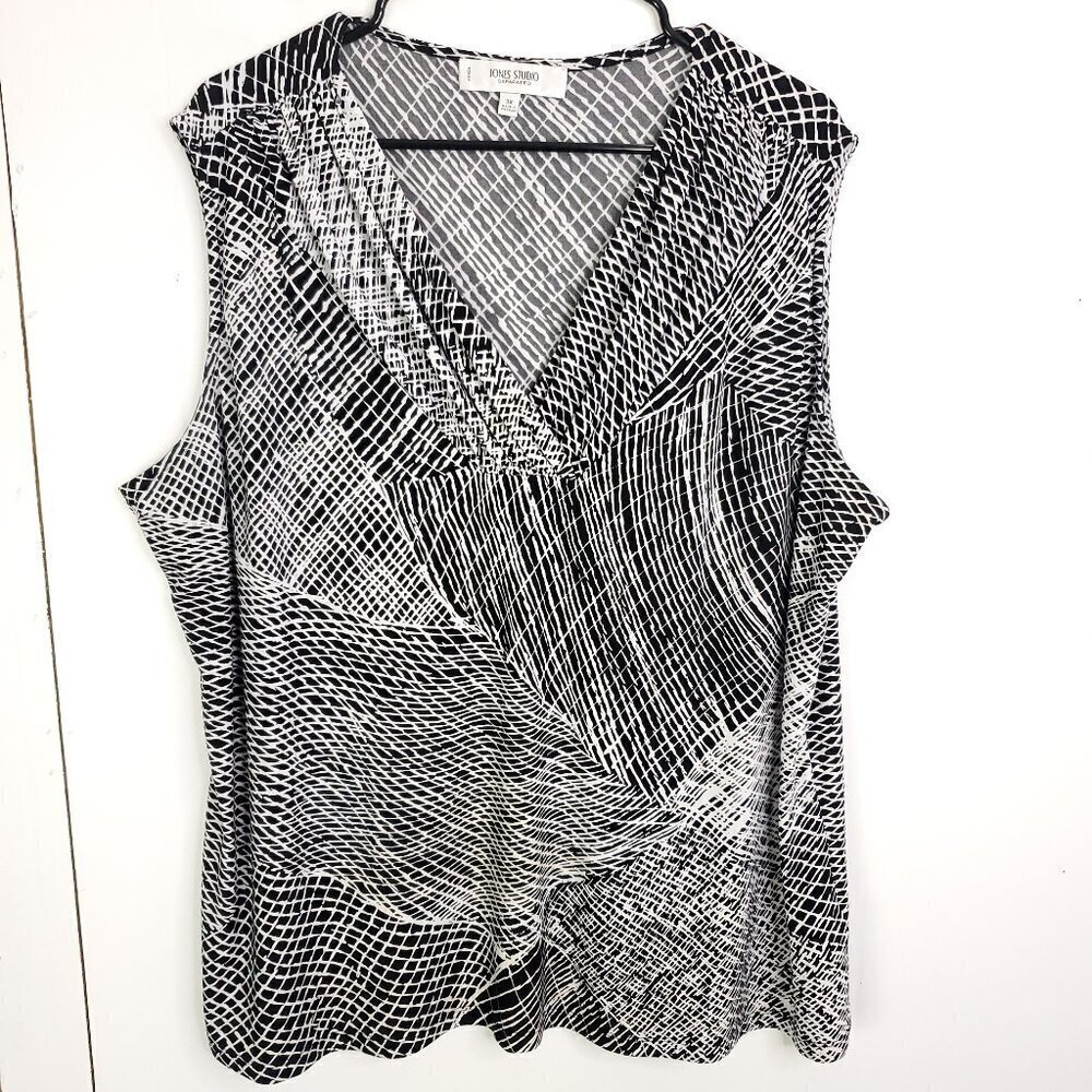 Jones Studio Top WOmens 3X V Neck Sleeveless Jersey Stretch Ruched Neck Busy - Picture 1 of 8